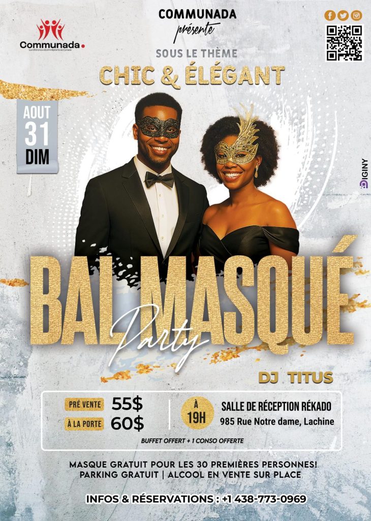 Affiche du Bal Masqué Chic & Élégant de Communada, 31 août 2025 à la Salle Rékado de Lachine
